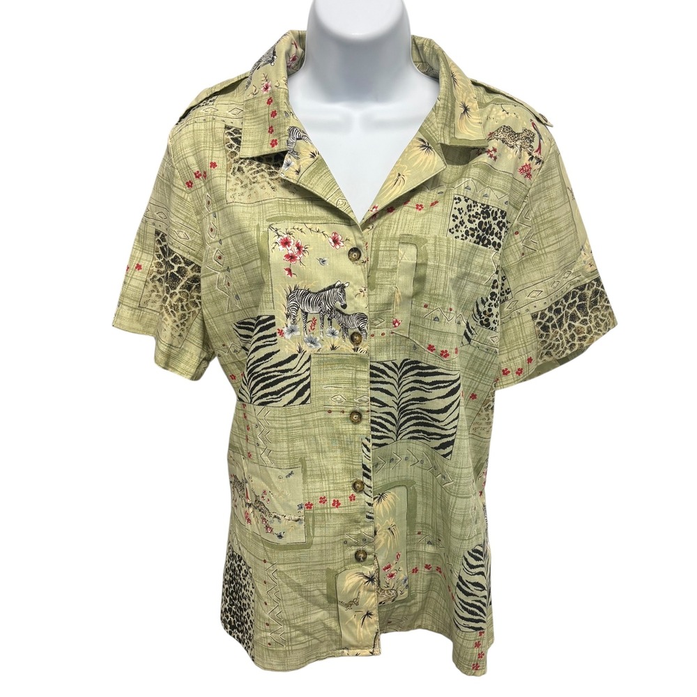 Tapestry Women's Safari Animal Print Patchwork Short Sleeve‎ Button Up Shirt L